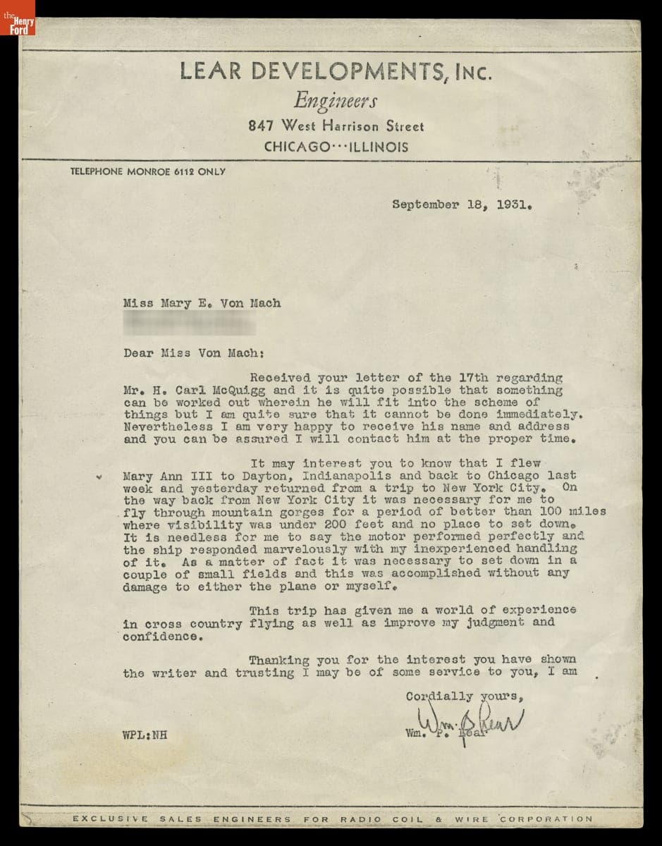 Letter to Mary Von Mach from William P. Lear, September 18, 1931