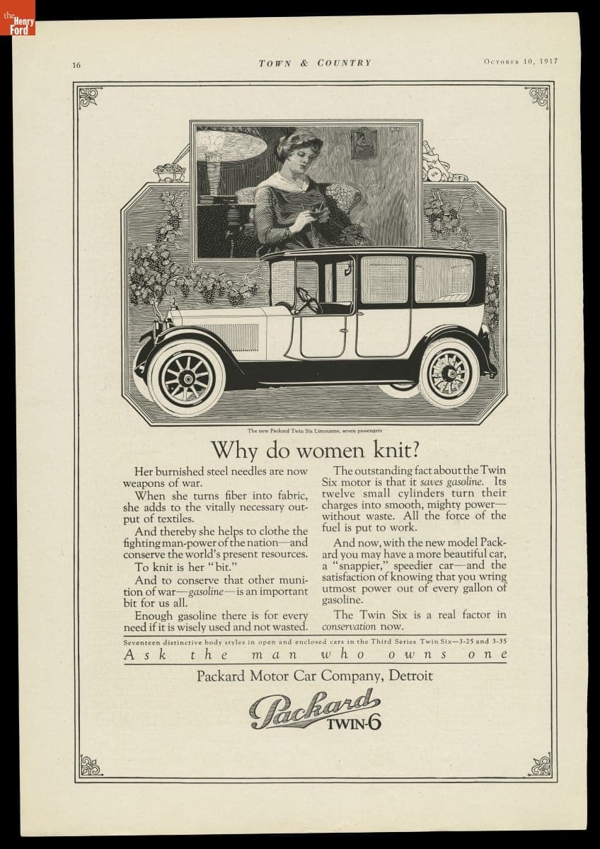 Packard Twin-6 Advertisement, "Why Do Women Knit?," October 10, 1917