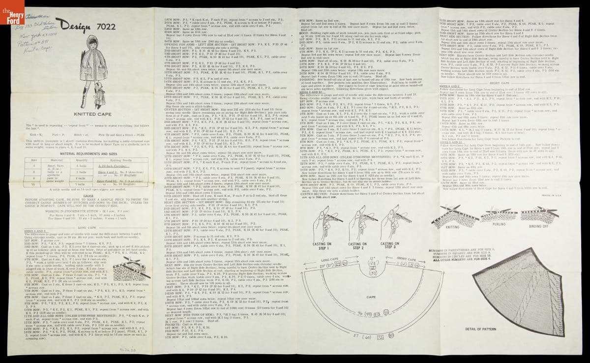 Needlecraft Service Design 7022, "Knitted Cape," circa 1960