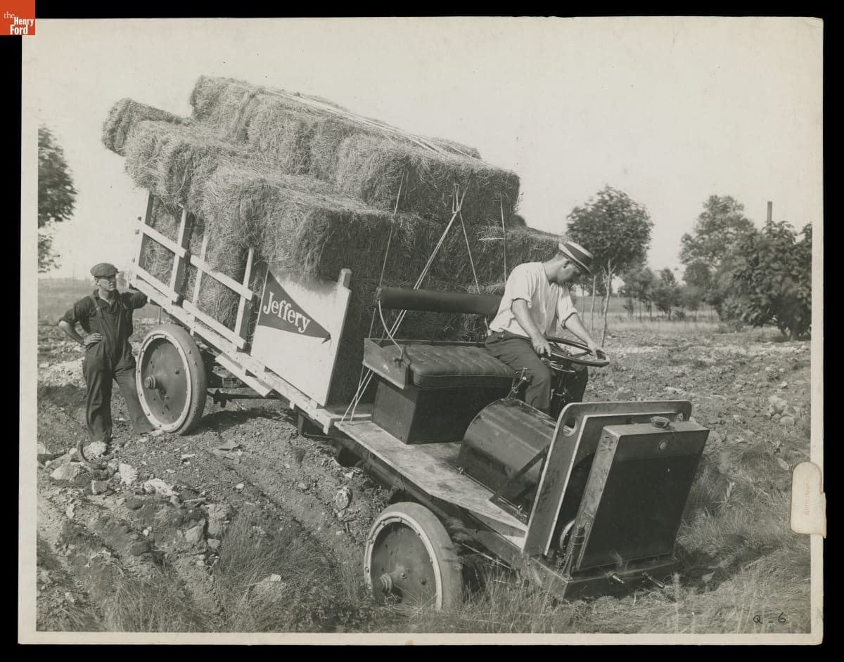 Man Driving a Jeffery Quad Loaded with Hay, 1913-1928