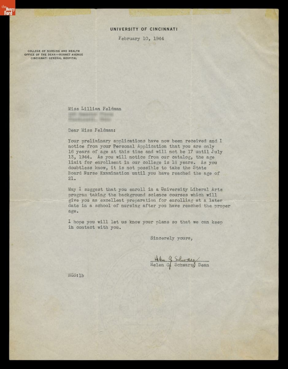 Letter to Lillian Feldman (Schwartz) from Cincinnati General Hospital College of Nursing, February 1944