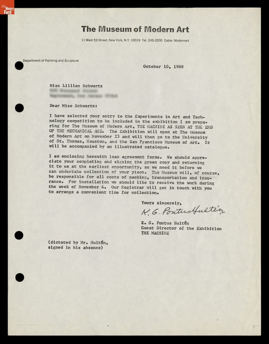Acceptance Letter to Lillian Schwartz Offering to Exhibit "Proxima Centauri" at MoMA, October 10, 1968