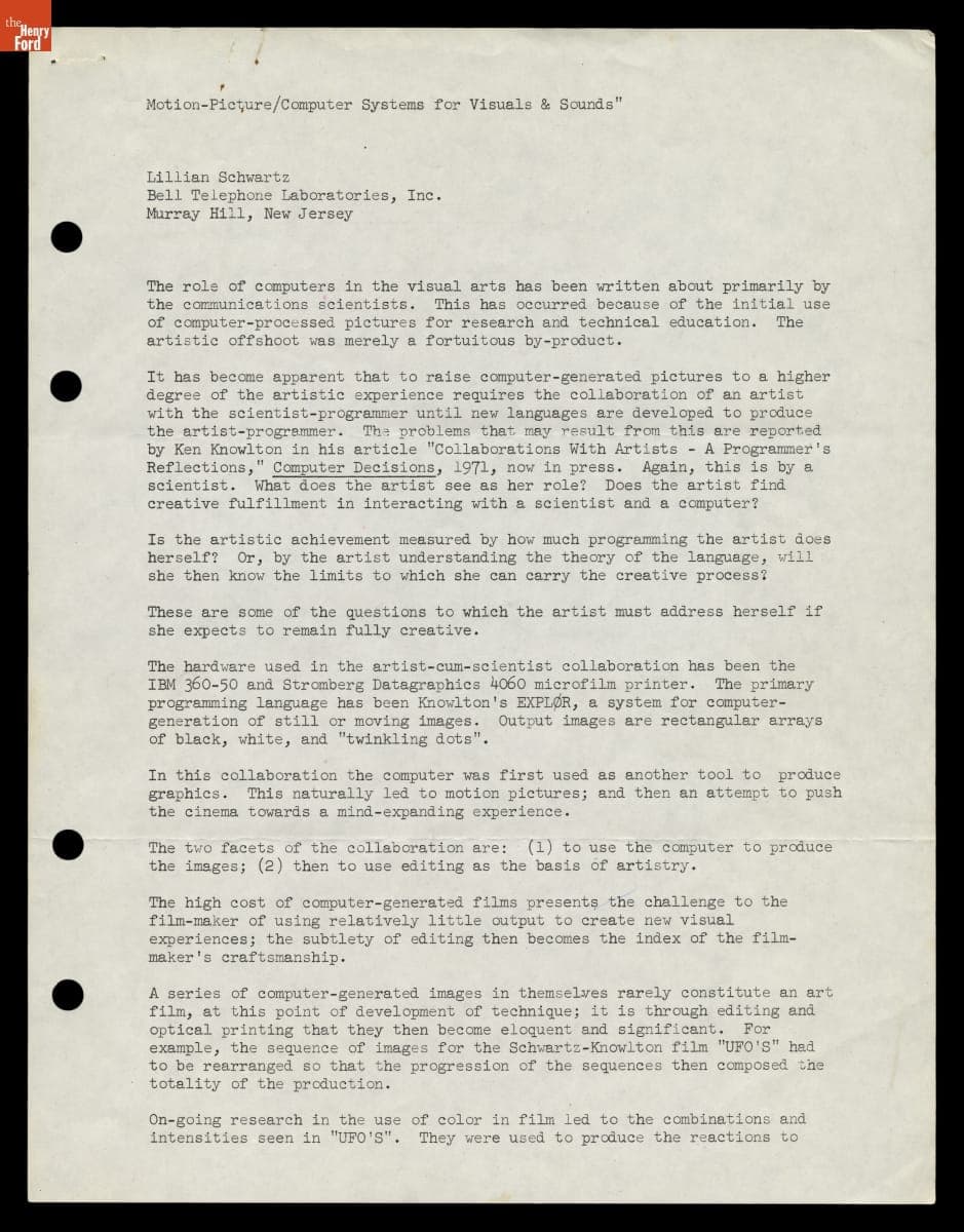 "Motion-Picture/Computer Systems for Visuals & Sounds" by Lillian Schwartz for Bell Telephone Labs, circa 1980