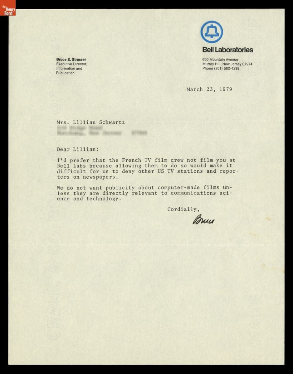 Letter to Lillian Schwartz from Bruce Strasser of Bell Laboratories, March 23, 1979