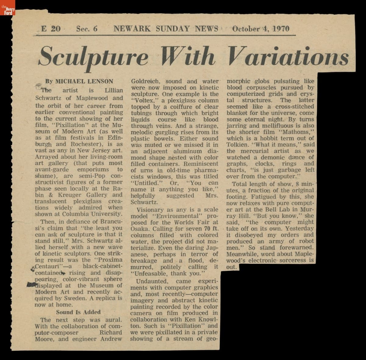 "Sculpture With Variations," Newspaper Article, 1968-1969