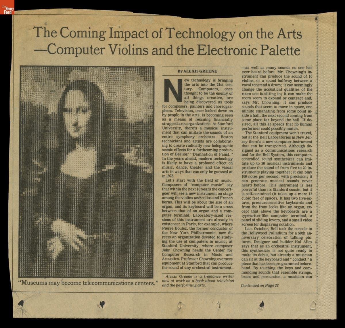"The Coming Impact of Tecnology on the Arts--Computer Violins and the Electronic Palette" 1978