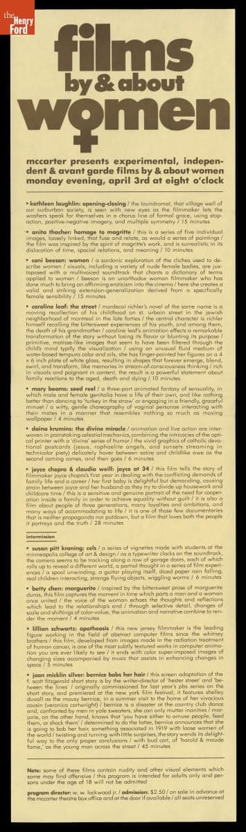 "Films by & about Women," a Film Program at McCarter Theater, April 3, 1978