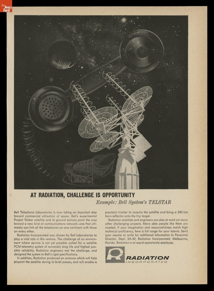 "At Radiation, Challenge is Opportunity, Example: Bell System's TELSTAR," Radiation Incorporated Advertisement, 1962