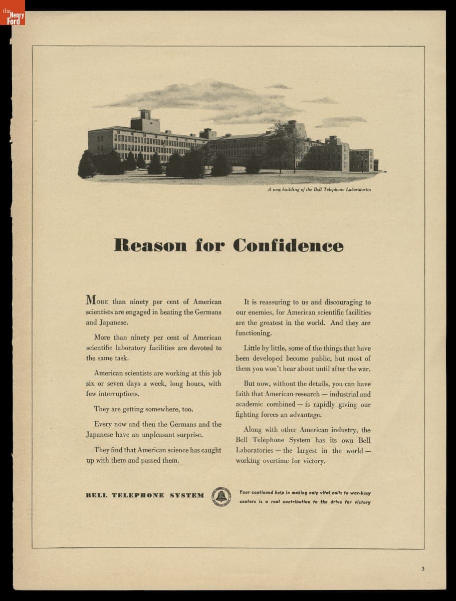 "Reason for Confidence," Bell Telephone System Advertisement, 1943
