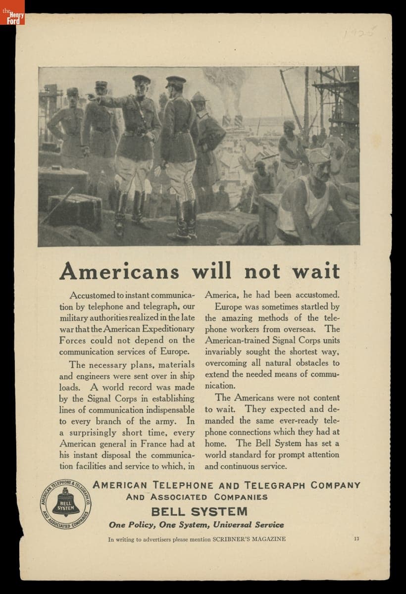 "Americans Will Not Wait," AT & T Bell System Advertisement, 1925
