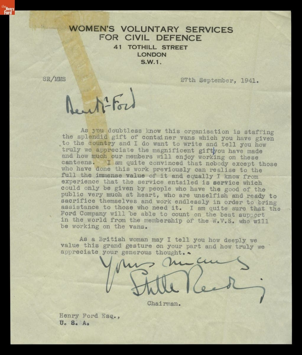 Correspondence regarding Ford Motor Company's Donation of Emergency Food Vans to Great Britain, 1941-1942