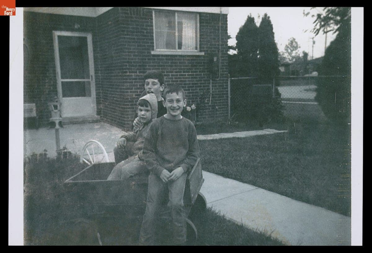 Jeff Davis, Richard Doumouchelle, and Larry Doumouchelle with the Wagon Made by Cleoda Davis, circa 1975