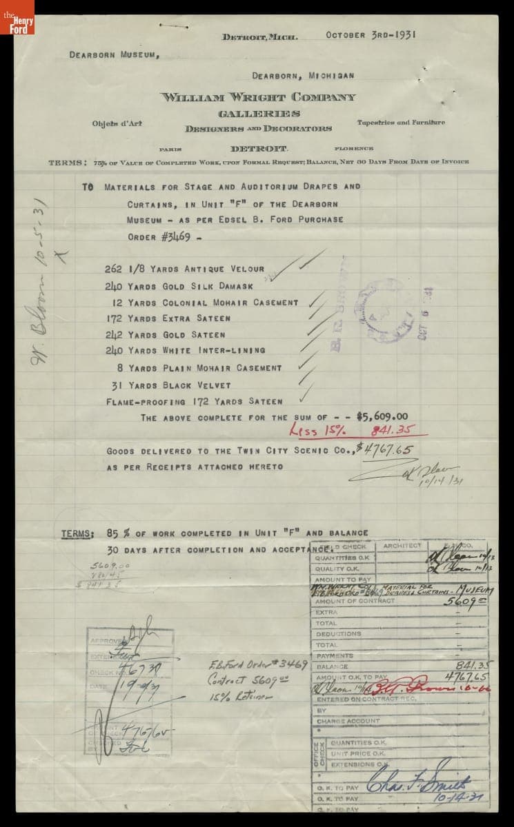 Invoice for Stage and Auditorium Drapes and Curtains for Henry Ford Museum Theater, October 1931