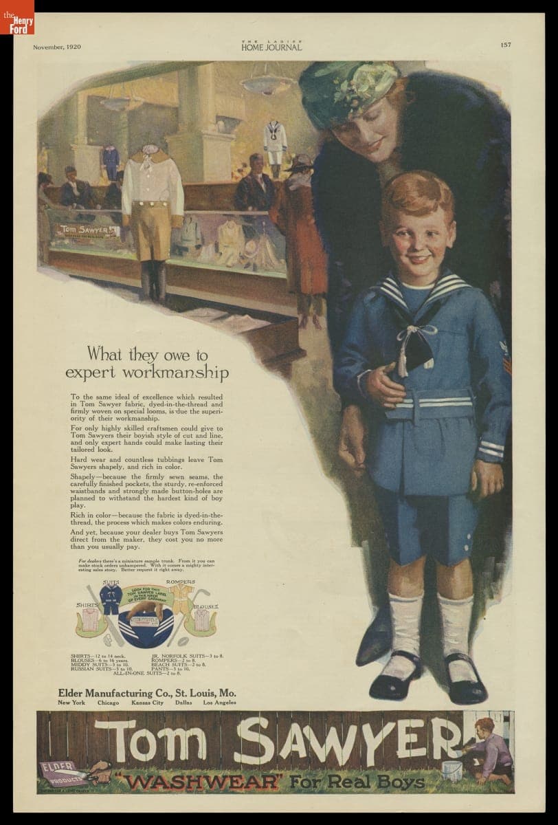 "Tom Sawyer 'WashWear' for Real Boys," Advertisement for Elder Manufacturing Co., 1920