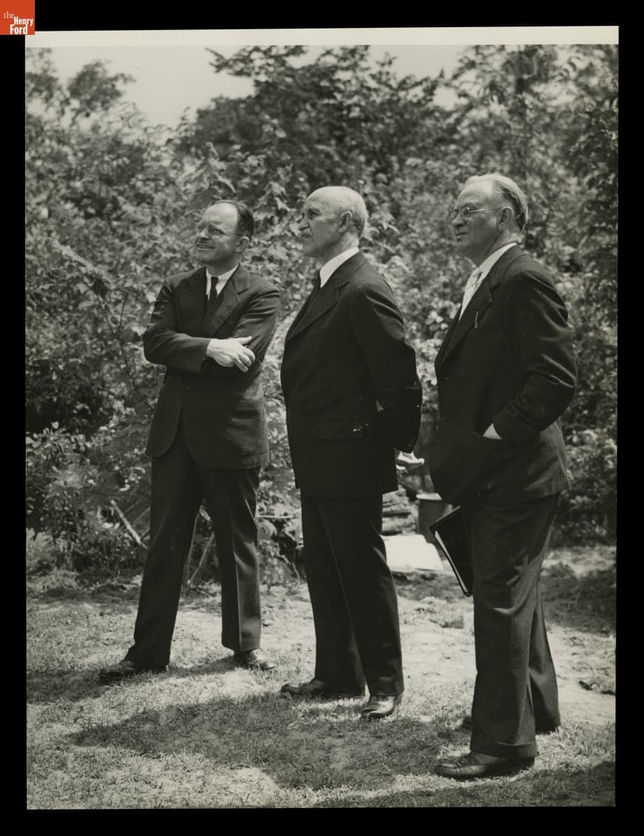 Fred Black, Orville Wright, and Edward Cutler during Reconstruction of Wright Home in Greenfield Village, June 1937