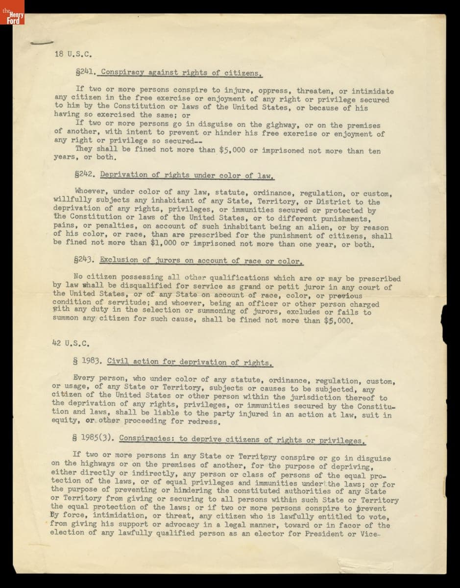 Citations of U.S. Civil Rights Laws, Used by Sullivan Jackson