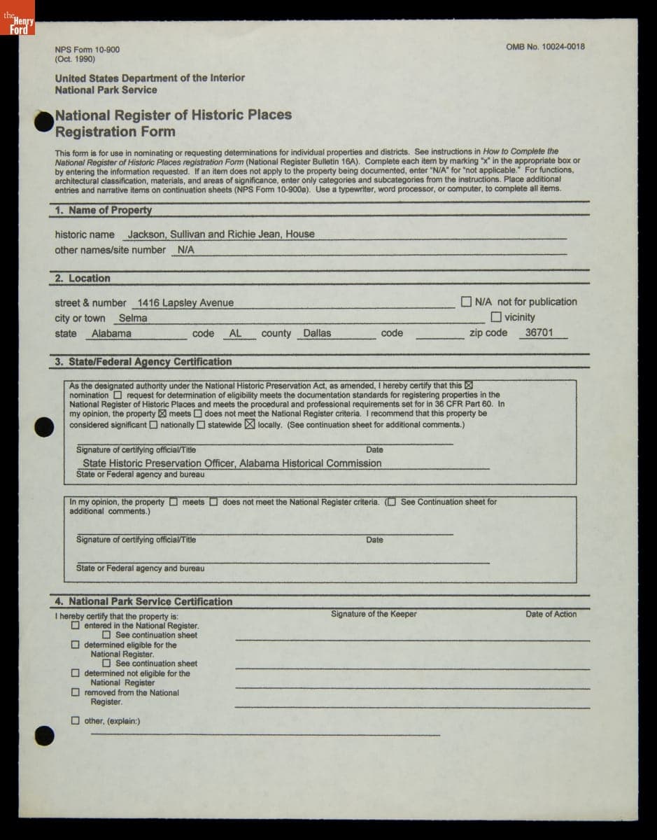 National Register of Historic Places Report for the Sullivan and Richie Jean Jackson House, 2013