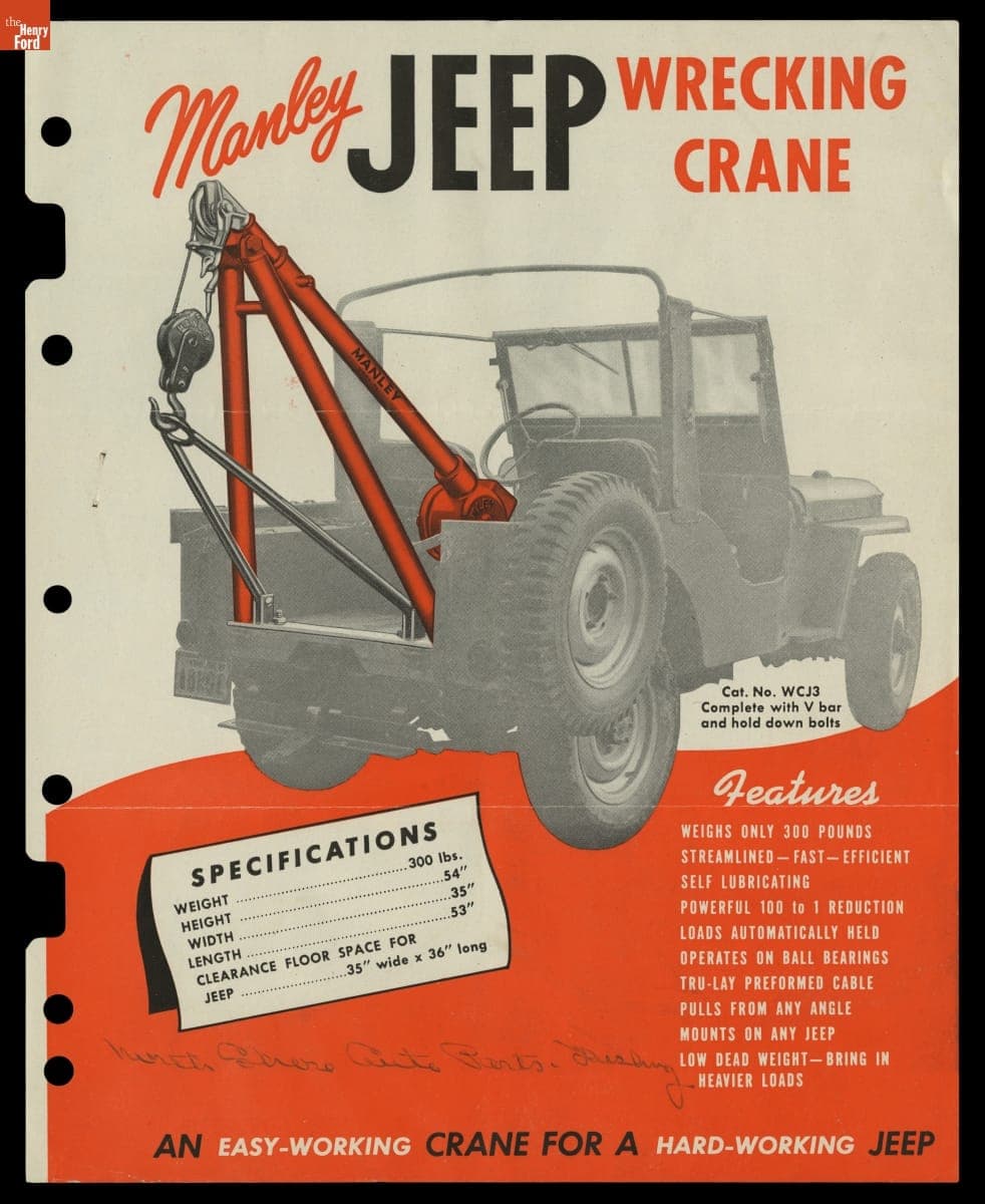 Manley Jeep Wrecking Crane Trade Literature, 1946