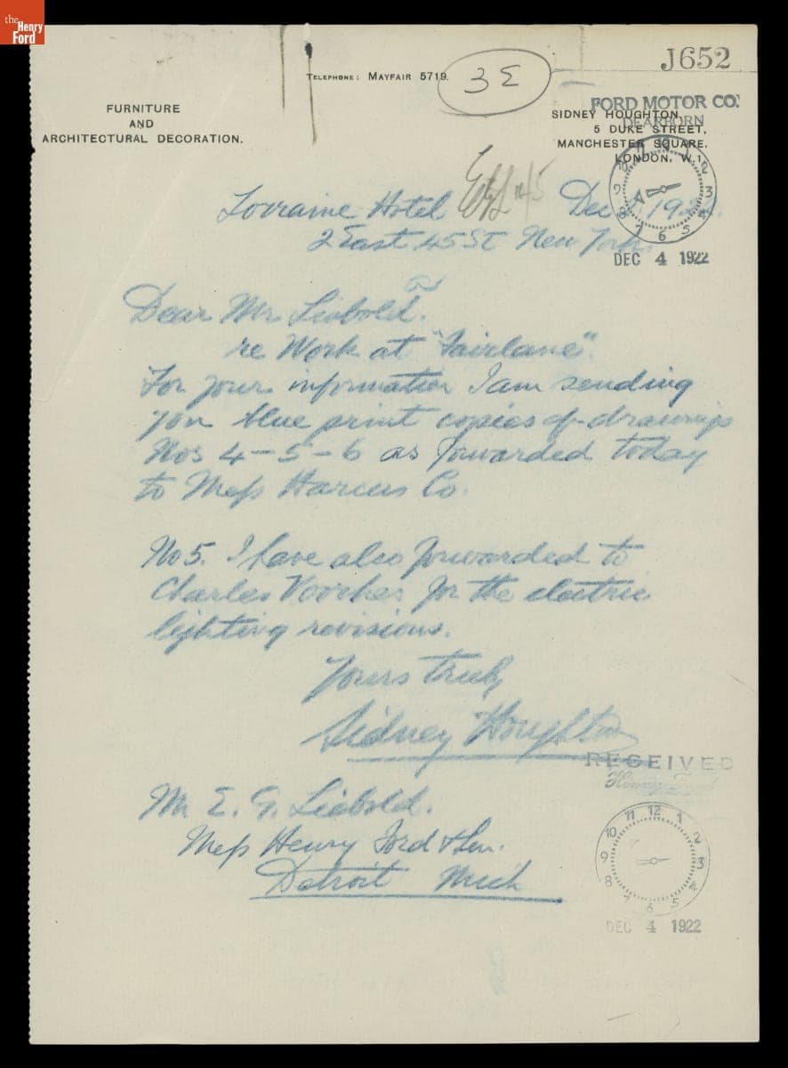 Letter from Sidney Hougton to E.G. Liebold, December 2, 1922