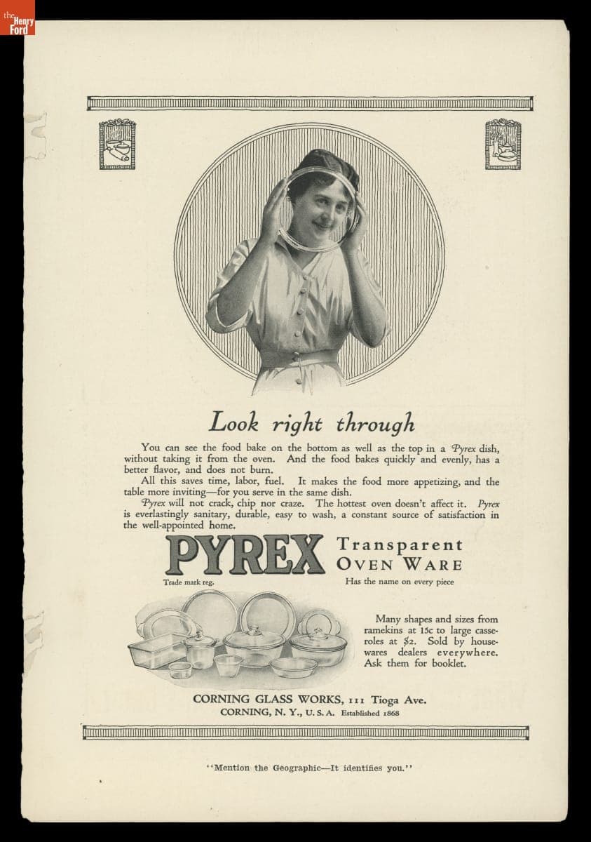 "Look Right Through Pyrex Transparent Oven Ware," 1916