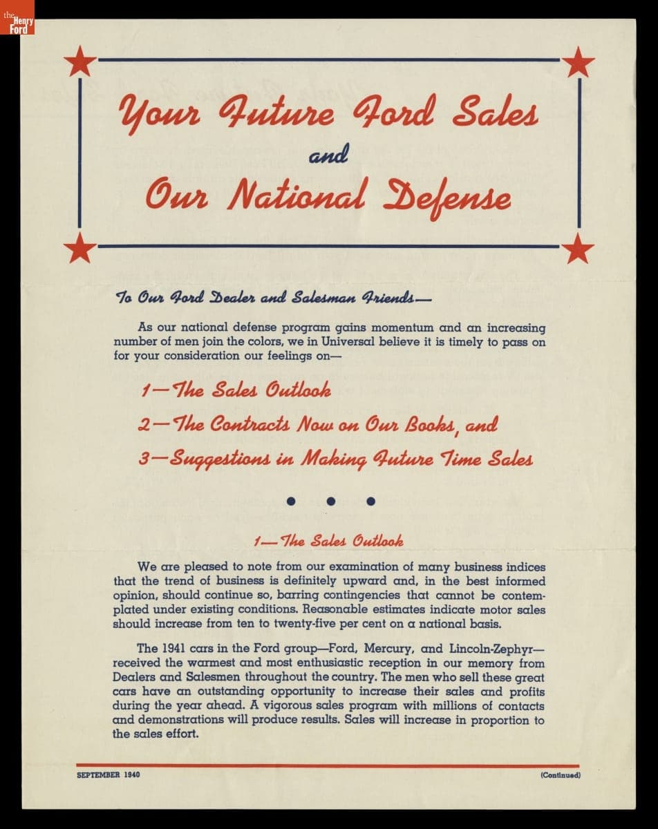 "Your Future Ford Sales and Our National Defense," September 1940