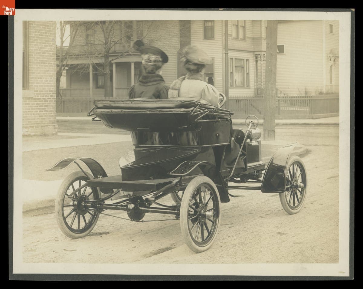 Clara Ford Driving a 1906 Ford Model N on Grand Boulevard, Detroit, Michigan, with Myrle Clarkson as Passenger