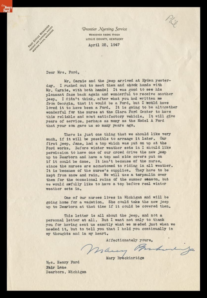 Letter from Mary Breckinridge to Clara Ford, April 25, 1947