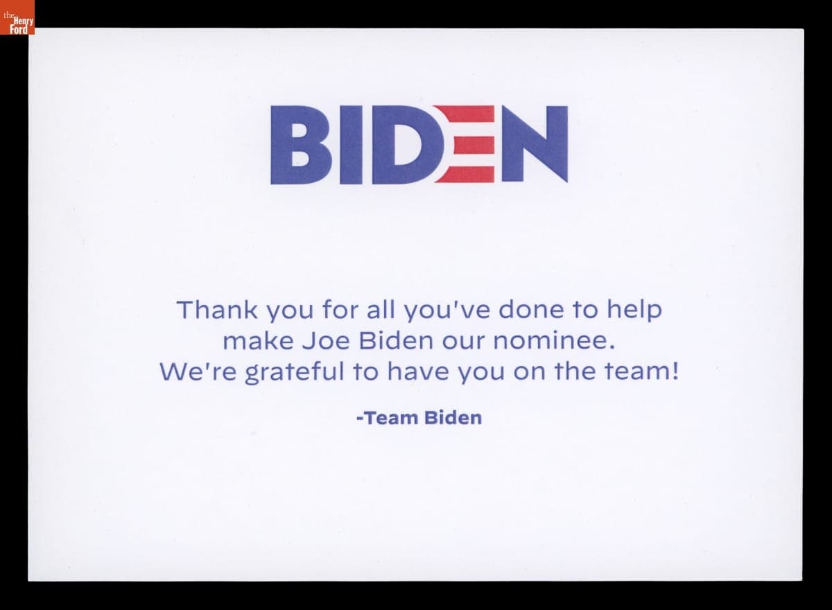 Thank You Card from the Democratic National Convention, Milwaukee, Wisconsin, August 2020