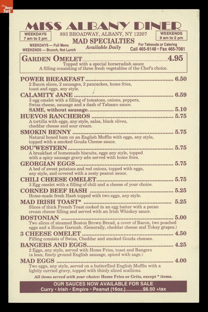 Menu from Miss Albany Diner, Albany, New York, 1997