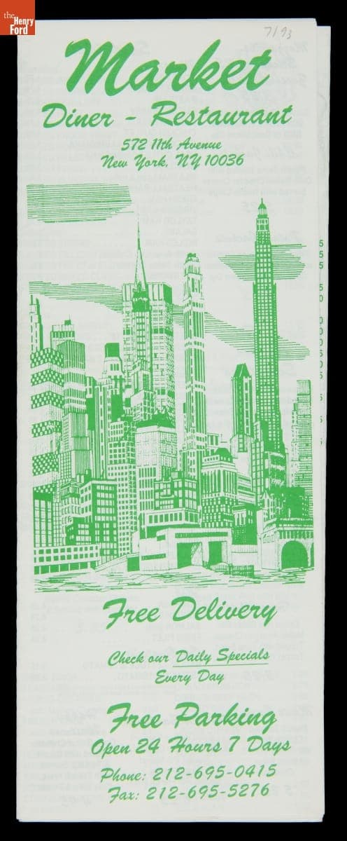 Menu and Lunch Specials from Market Diner Restaurant, New York, New York, 1993
