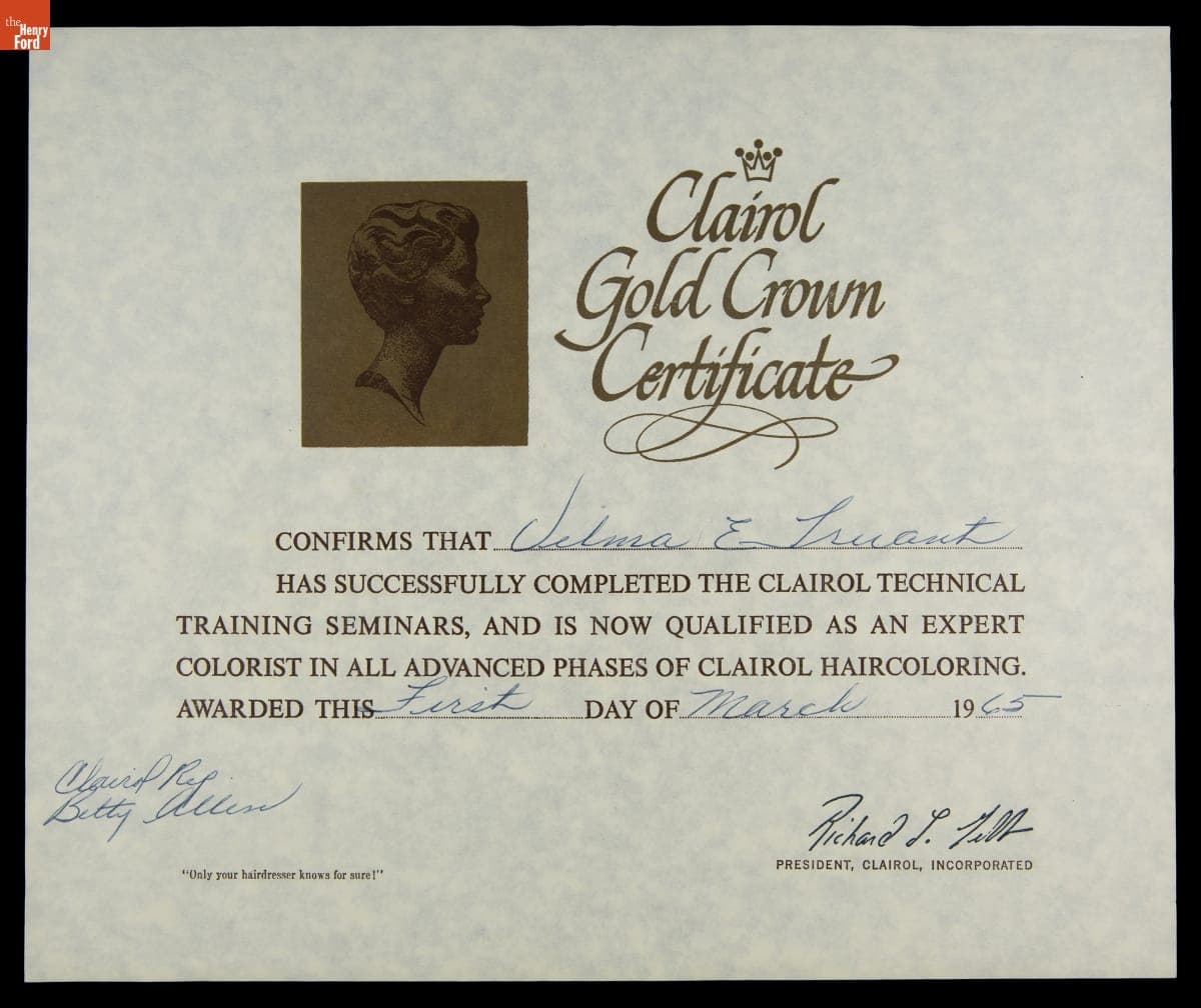 Clairol Gold Crown Certificate Awarded to Velma E. Truant, 1965