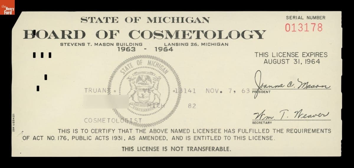 Velma Truant State of Michigan Cosmetology License, 1963-1964