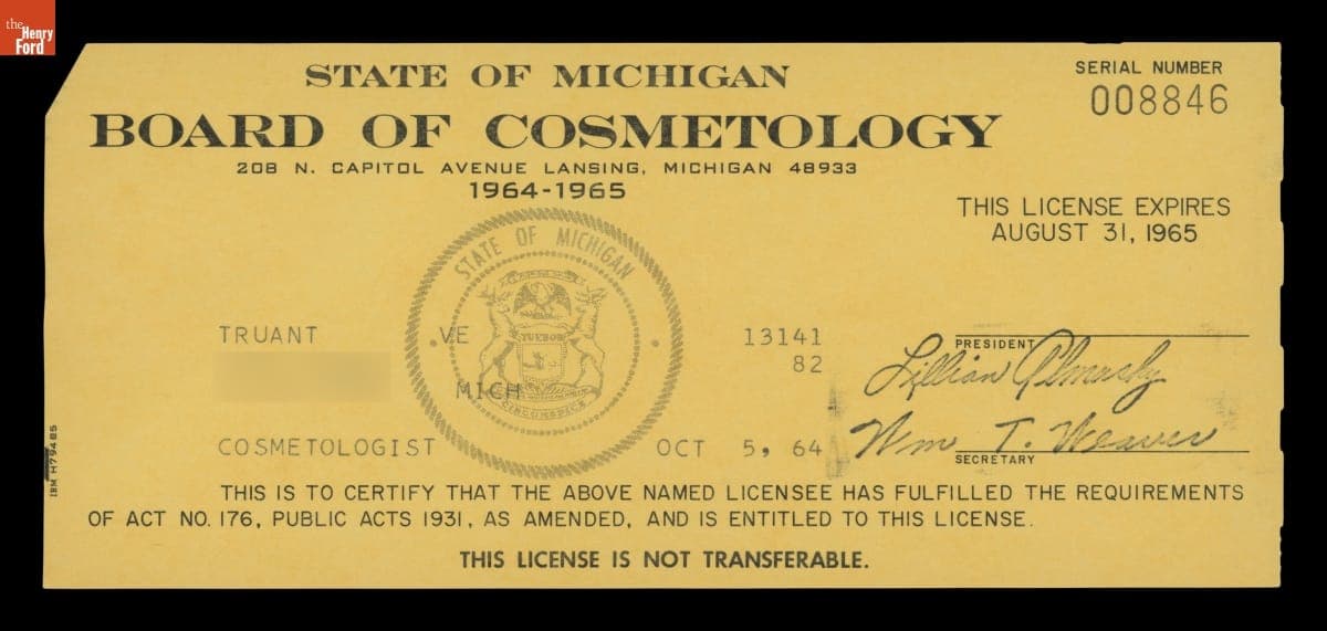 Velma Truant State of Michigan Cosmetology License, 1964-1965