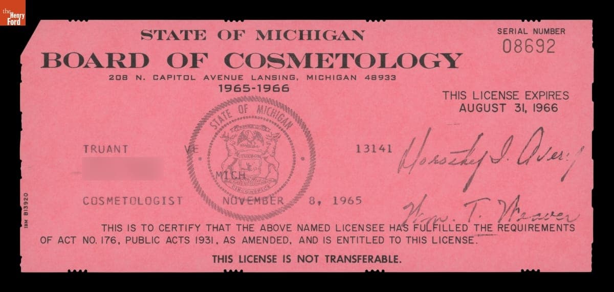 Velma Truant State of Michigan Cosmetology License, 1965-1966