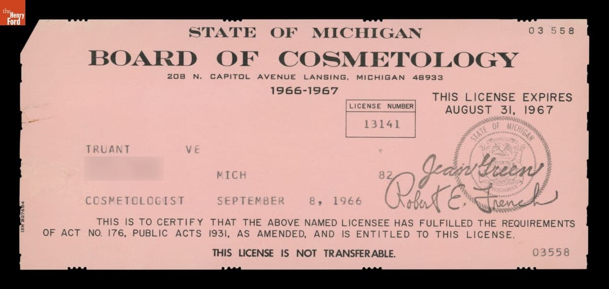 Velma Truant State of Michigan Cosmetology License, 1966-1967