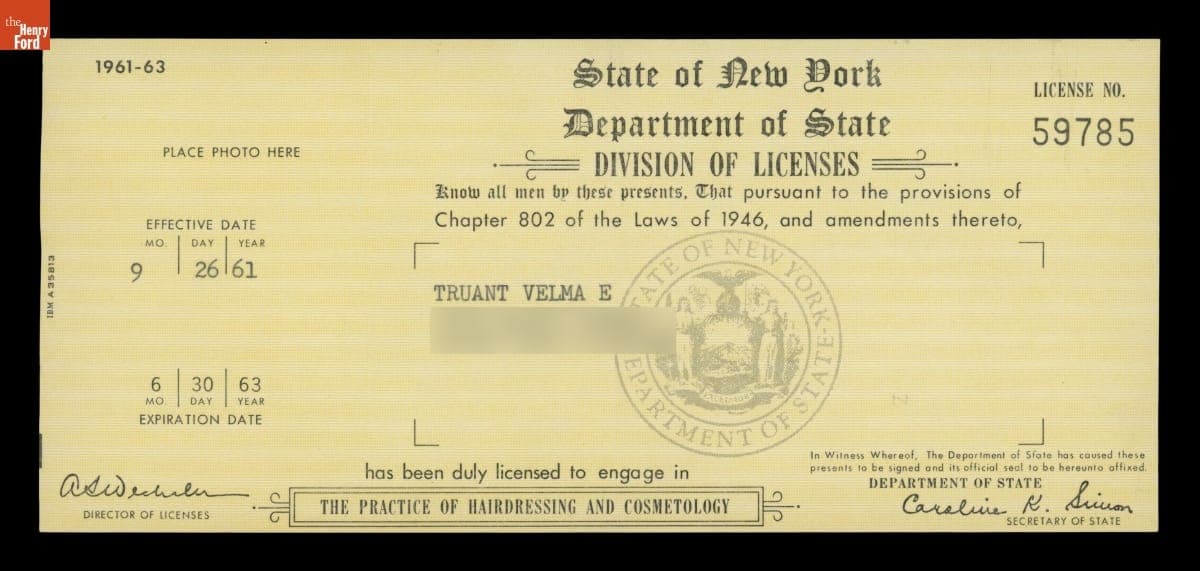 Velma Truant License to Practice Hairdressing and Cosmetology in New York, 1961-1963