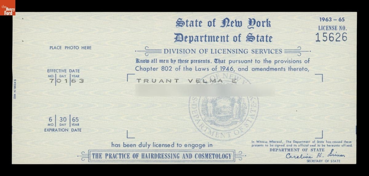 Velma Truant License to Practice Hairdressing and Cosmetology in New York, 1963-1965