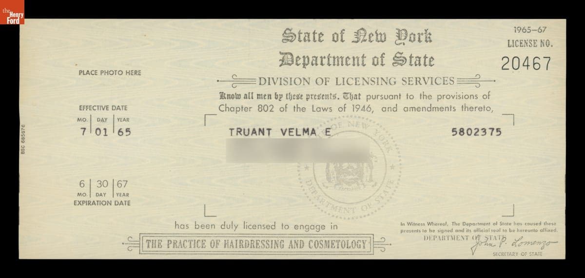Velma Truant License to Practice Hairdressing and Cosmetology in New York, 1965-1967