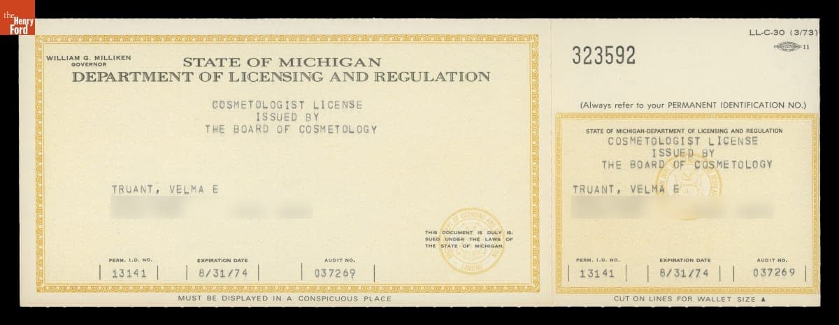 Velma Truant State of Michigan Cosmetology License, 1973-1974