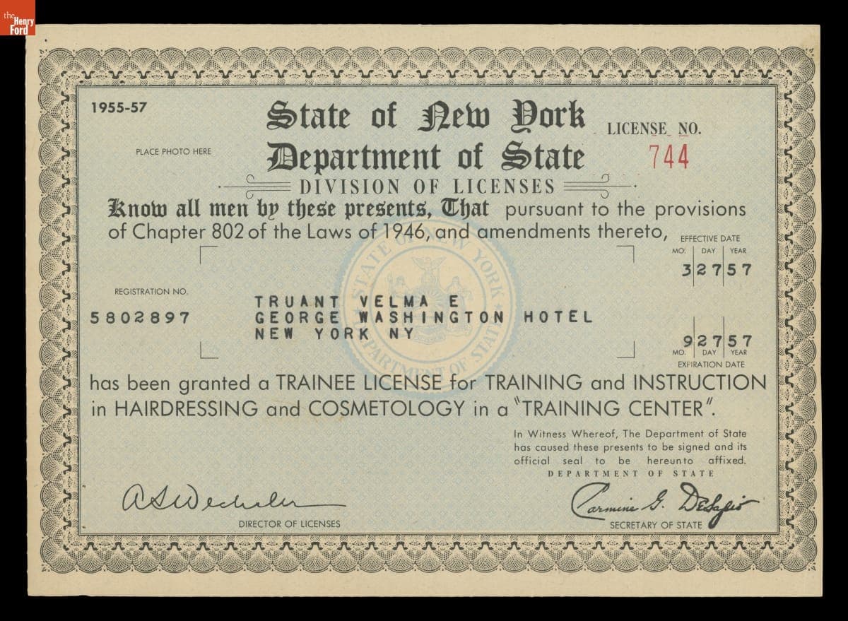 Velma Truant Trainee License for Training and Instruction in Hairdressing and Cosmetology in New York, 1957