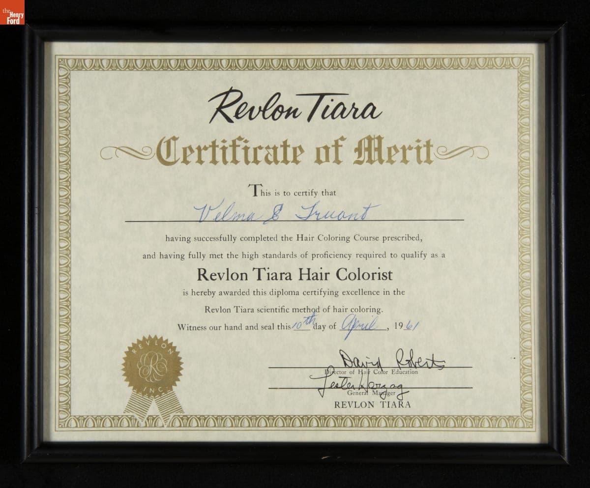 Revlon Tiara Certificate of Merit Awarded to Velma Truant, 1961