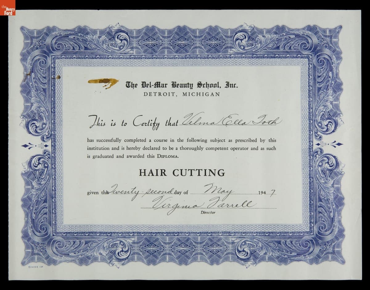 The Del-Mar Beauty School, Inc. Hair Cutting Diploma Awarded to Velma Ella Toth, 1947