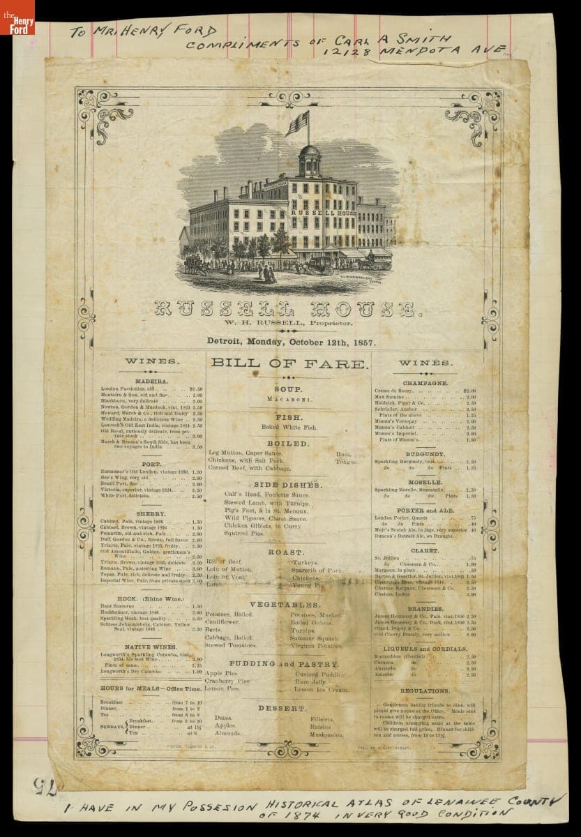 Russell House Bill of Fare, Detroit, Michigan, Monday, October 12, 1857