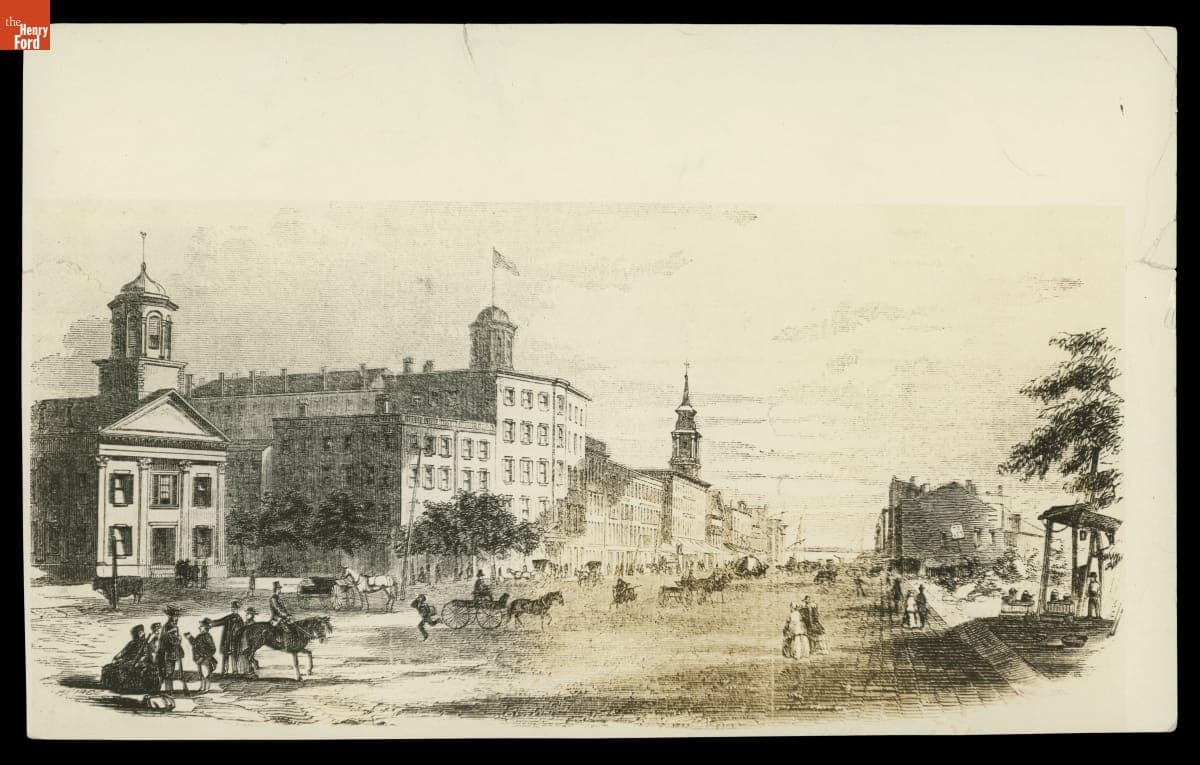 Drawing of Woodward Avenue at Campus Martius, Detroit, Michigan, 1849-1856