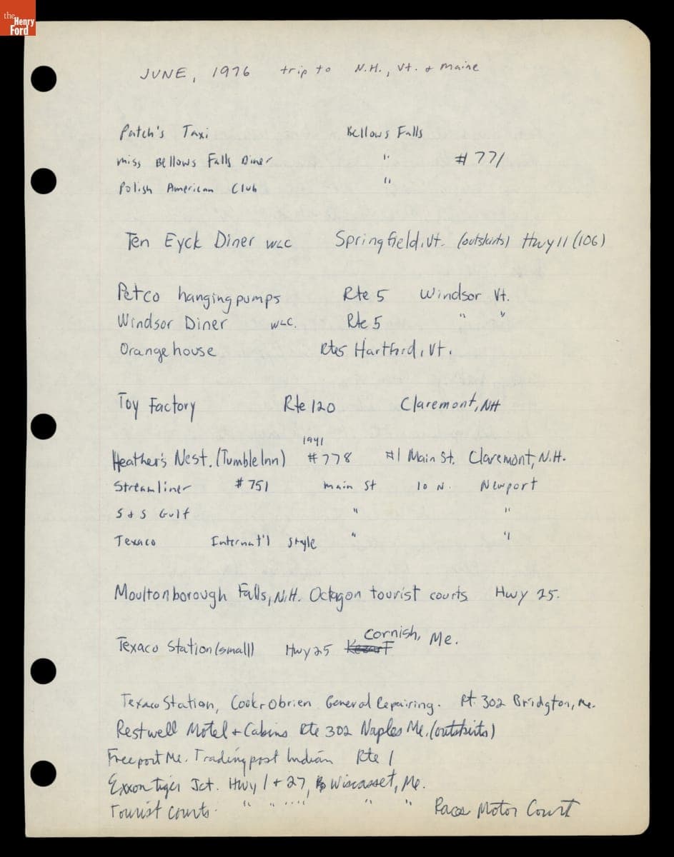 Diner Addresses Collected during a June 1976 Road Trip in New Hampshire, Vermont, Maine, Massachusetts, and Pennsylvania