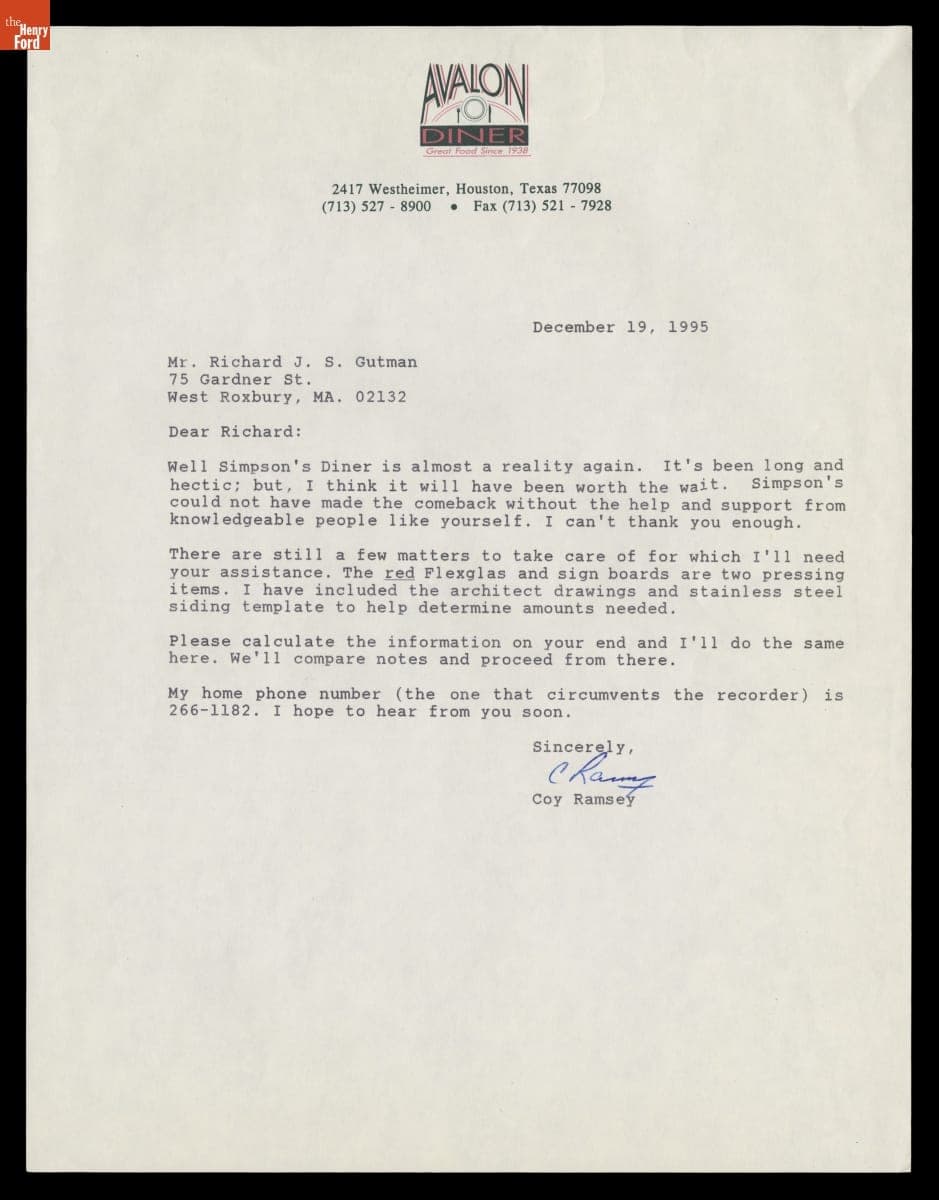 Letter from Coy Ramsey to Richard J.S. Gutman regarding Simpson's Diner Restoration, December 19, 1995