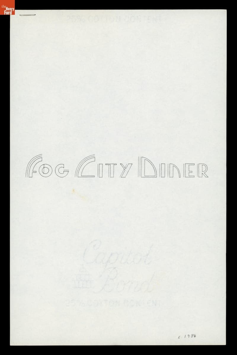 Fog City Diner Menu, circa 1986