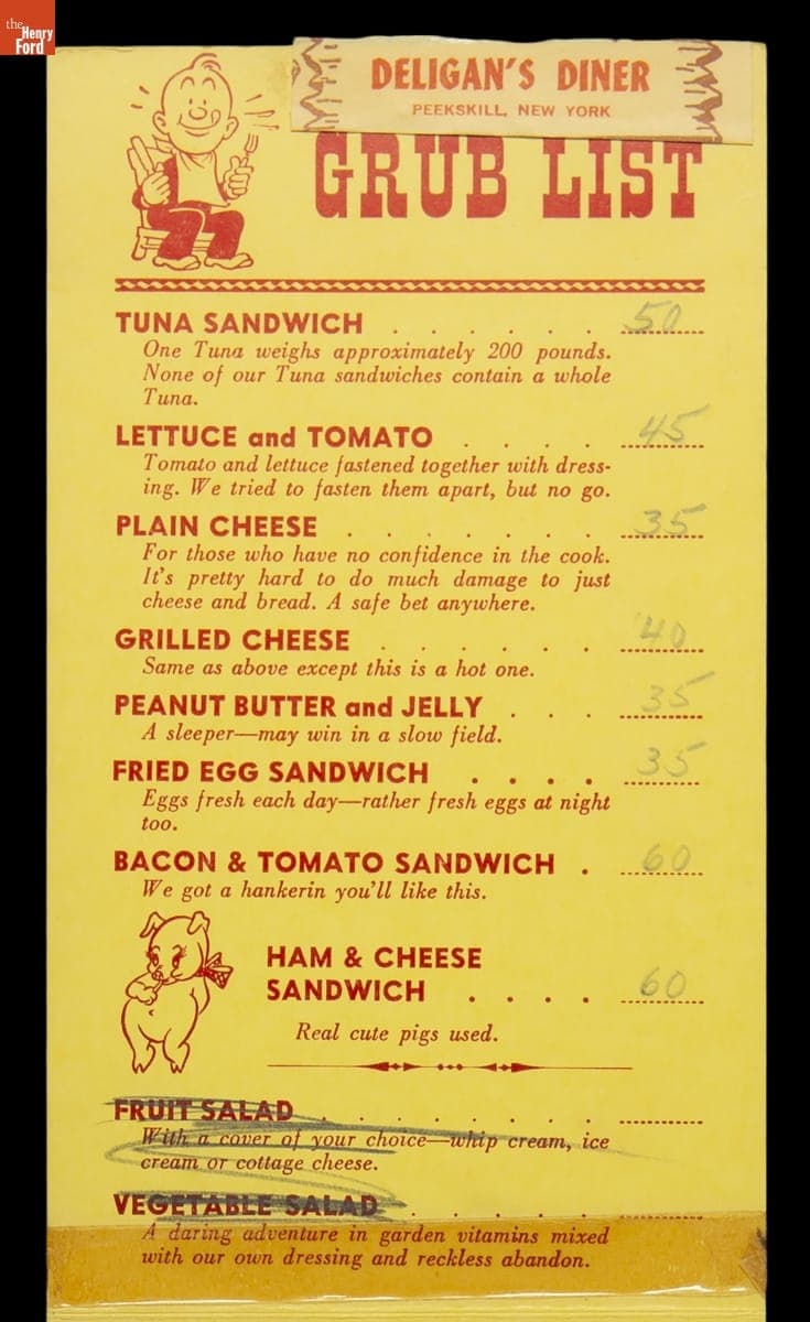 Deligan's Diner Menu, "Grub List," circa 1972