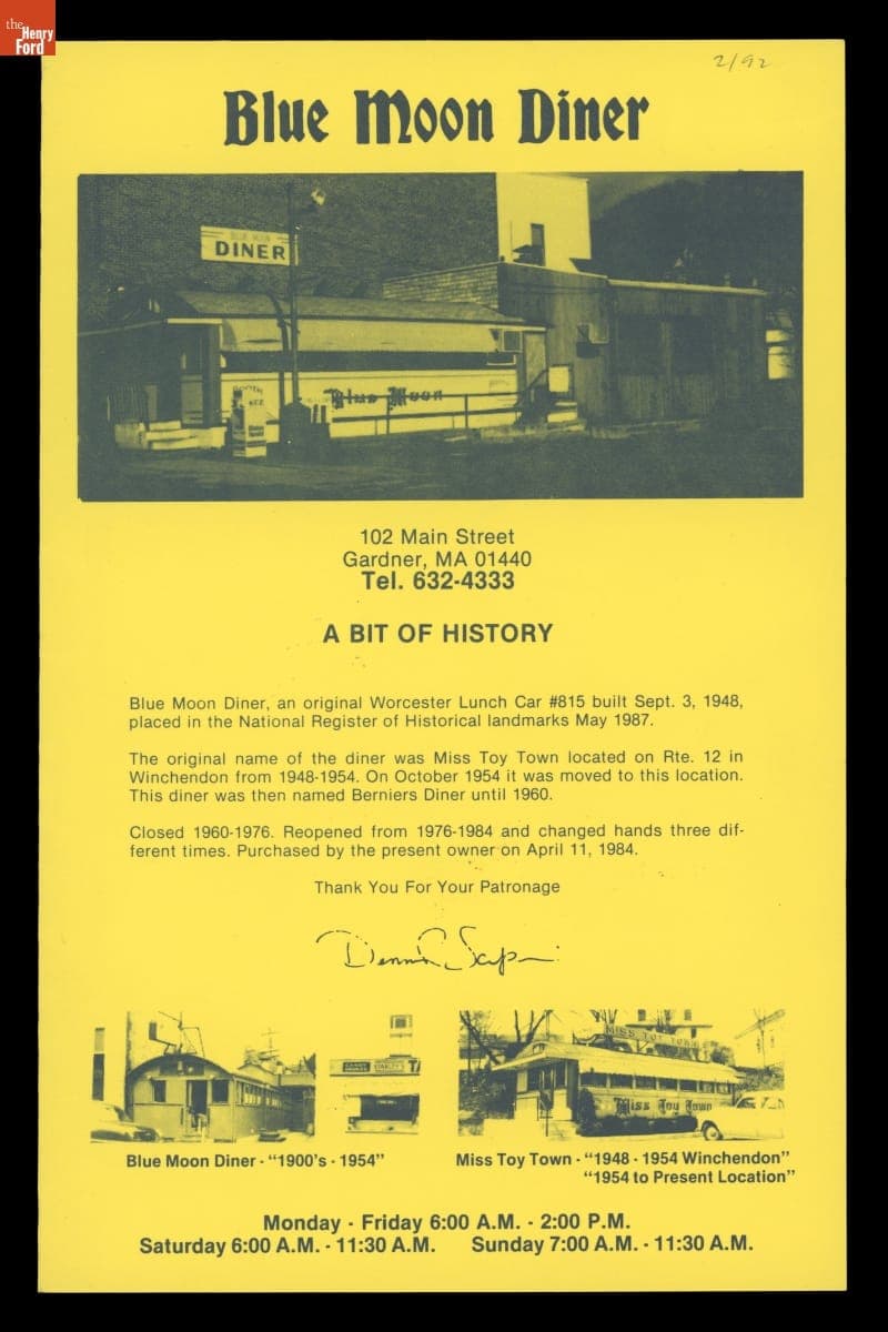 Blue Moon Diner Menu, 1992