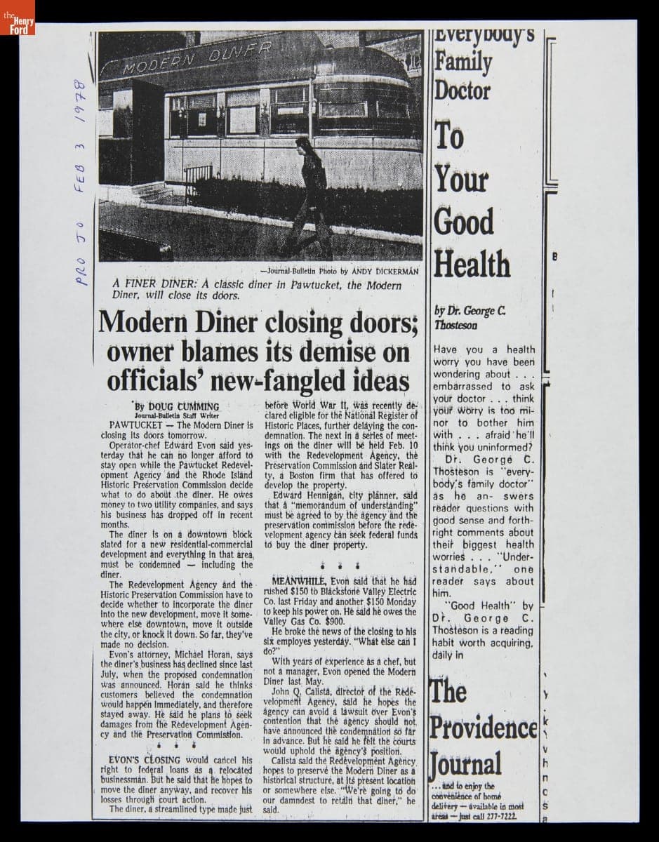"Modern Diner Closing Doors," Article from "The Providence Journal," February 3, 1978